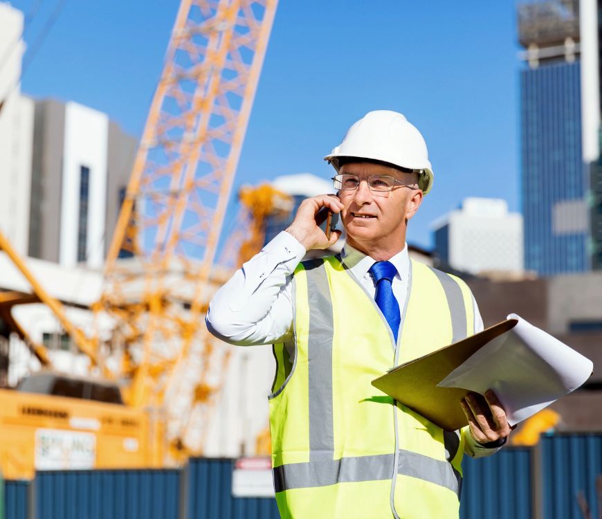 Contractor at a construction site in Murray, UT discussing insurance plan options over the phone